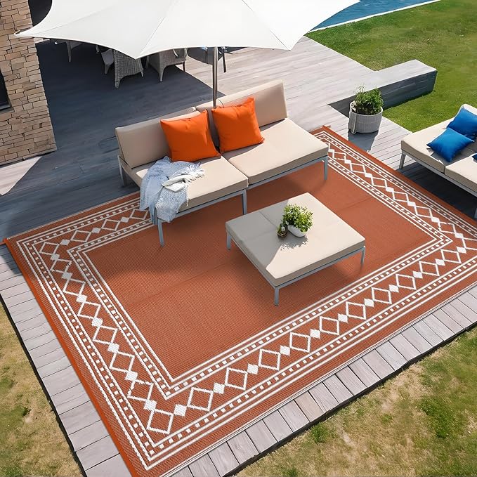 Garvee Outdoor Rug 8x10, Patio Rug Waterproof Plastic Straw Waterproof Reversible Patio Mat, Plastic Straw Rug for RV, Camping, Deck, Balcony, Easy Clean & Portable,Terracotta/White