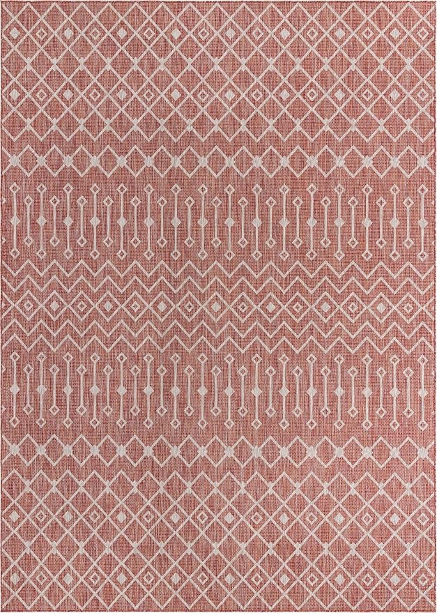 Unique Loom Outdoor Trellis Collection Area Rug - Tribal Trellis (10' x 14' 1" Rectangle, Rust Red/ Ivory)