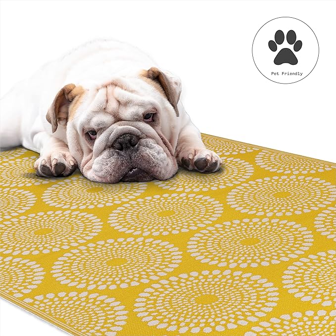 Fab Habitat Outdoor Rug - Waterproof, Fade Resistant, Crease-Free - Premium Recycled Plastic - Floral Medallion - Large Patio, Deck, Sunroom, Camping, RV - Rio - Yellow - 6 x 9 ft
