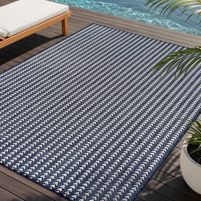 Washable Outdoor Rug 8x10 Modern Area Rugs Outdoor Carpets Striped Pattern Non Shedding Waterproof Easy Clean Patio Deck Porch Living Room Bedroom Garden RV (8 X 10 Navy)