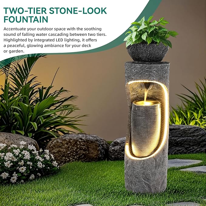 40" Tall Outdoor Water Fountain, Dual-Layer Column Garden Fountain with Bird Feeder, Resin Soothing Cascading Waterfall Foutain for Patio, Backyard, Garden or Porch Decor