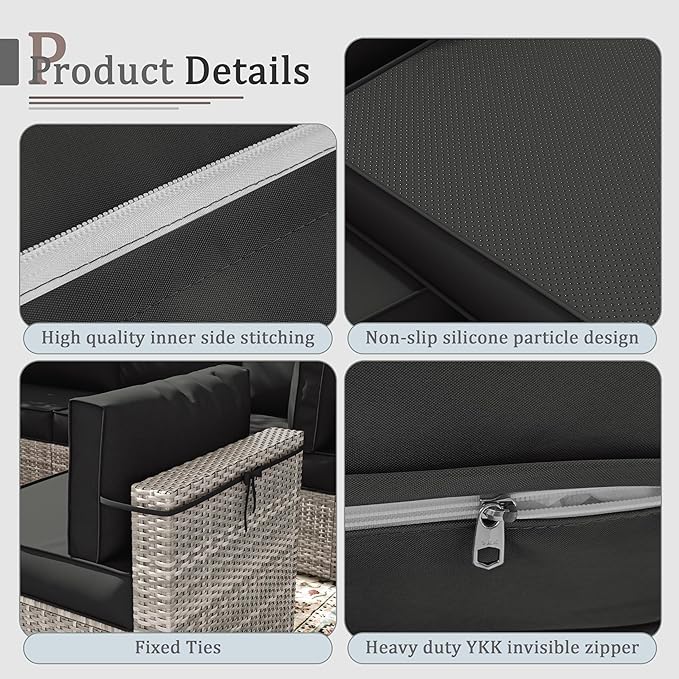 Outdoor Cushions for Patio Furniture with 5 Pillows, Waterproof Patio Furniture Cushions Replacement, 4" Deep Seat Outdoor Sectional Cushions for 4-seat Patio Furniture Chair Sofa Couch,Black