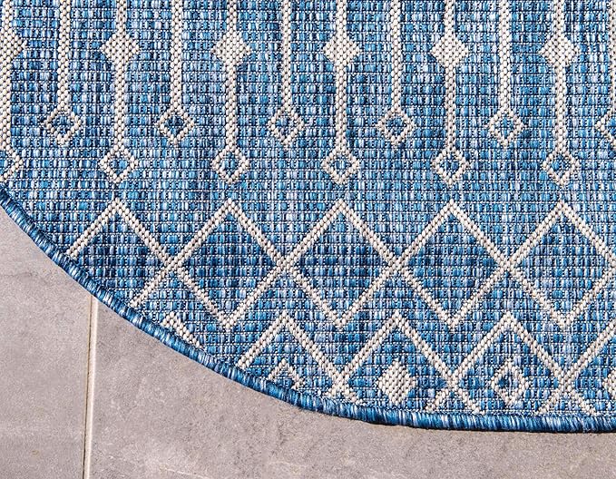 Unique Loom Outdoor Trellis Collection Area Rug - Tribal Trellis (7' 1" Round, Blue/ Ivory)