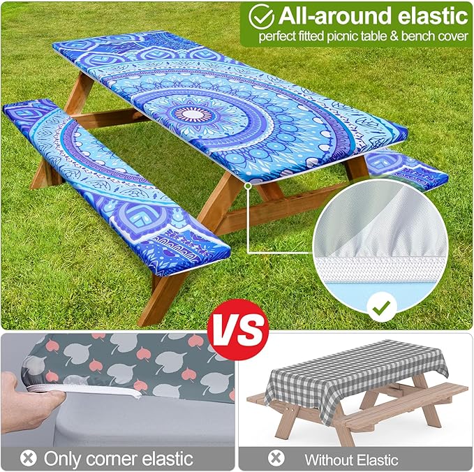 Picnic Table Cover with Bench Covers 6FT 3 Pcs Waterproof Windproof Aesthetic Camping Tablecloth with Drawstring Bag, Fitted for 6 Foot Rectangle Tables and Seats, 96in, Light Blue Purple