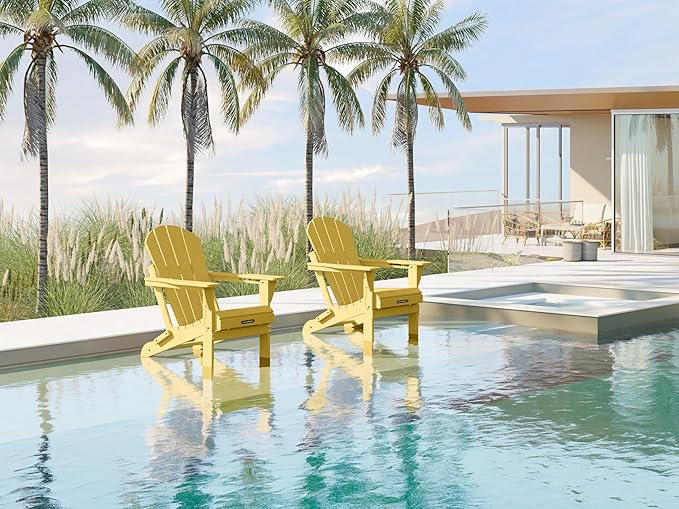 MUCHENGHY Folding Adirondack Chairs, Patio Chairs, Lawn Chairs, Outdoor Chair, Adirondack Chair Plastic, Fire Pit, Weather Resistant with Cup Holder for Deck, Backyard, Garden(Olive Yellow)