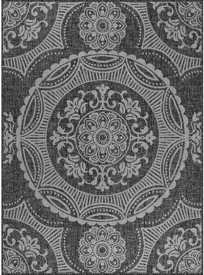 Medallion Outdoor Rug 9x12 Washable Outside Carpet for Indoor Patio Porch Waterproof Easy Cleaning Non Shedding Area Rugs Dark Gray 9 x 12