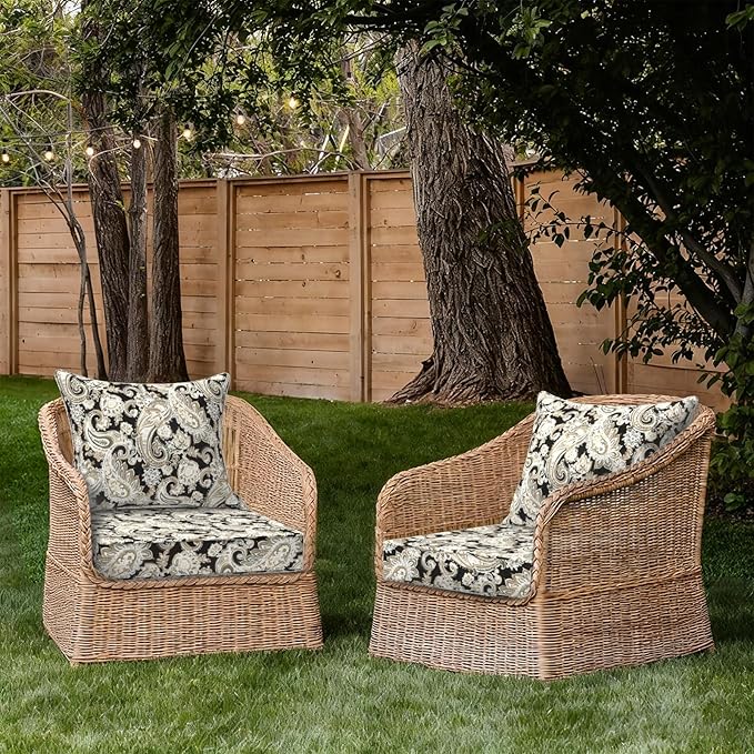 Outdoor Deep Seat Cushion Set, Water Repellent 24"x24" Patio Thick Cushions Replacement with Seat & Back Pillow for Patio Sofa, Wicker Chair, Couch - Paisley Black