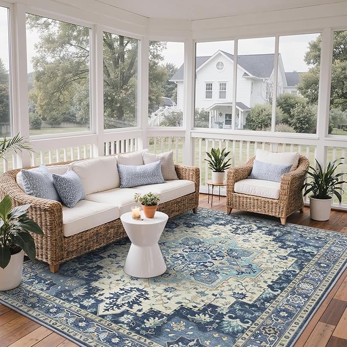GENIMO Outdoor & Indoor Area Rug 9'x12', Waterproof, Non-Shedding, Easy Cleaning, Boho Mat for Patio, Living Room, Balcony, Dining Room, RV, Deck, Bedroom, Camping, Outside Carpet,Center Blue