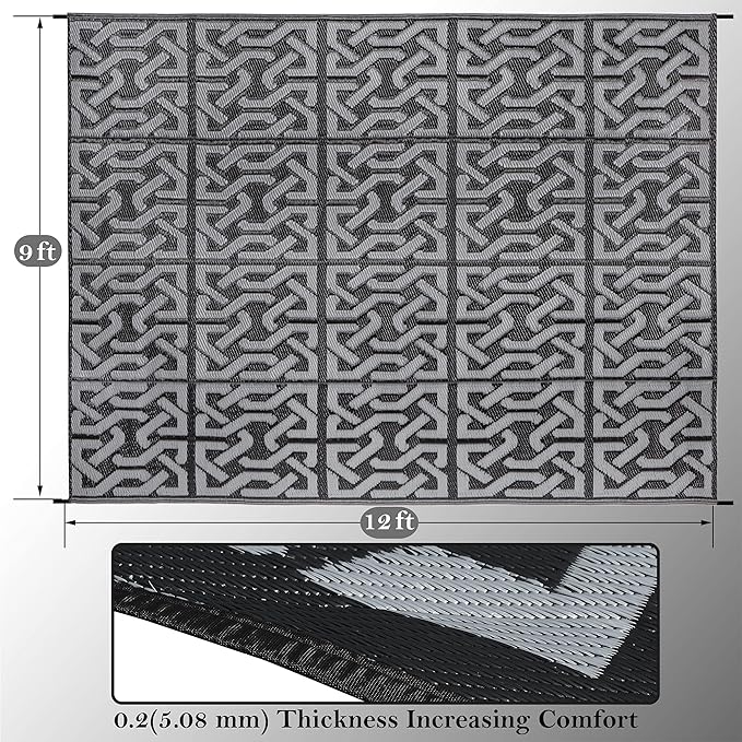SAND MINE Reversible Mats, Plastic Straw Rug, Modern Area Rug, Large Floor Mat and Rug for Outdoors, RV, Patio, Backyard, Deck, Picnic, Beach, Trailer, Camping (9' x 12', Black & Grey)