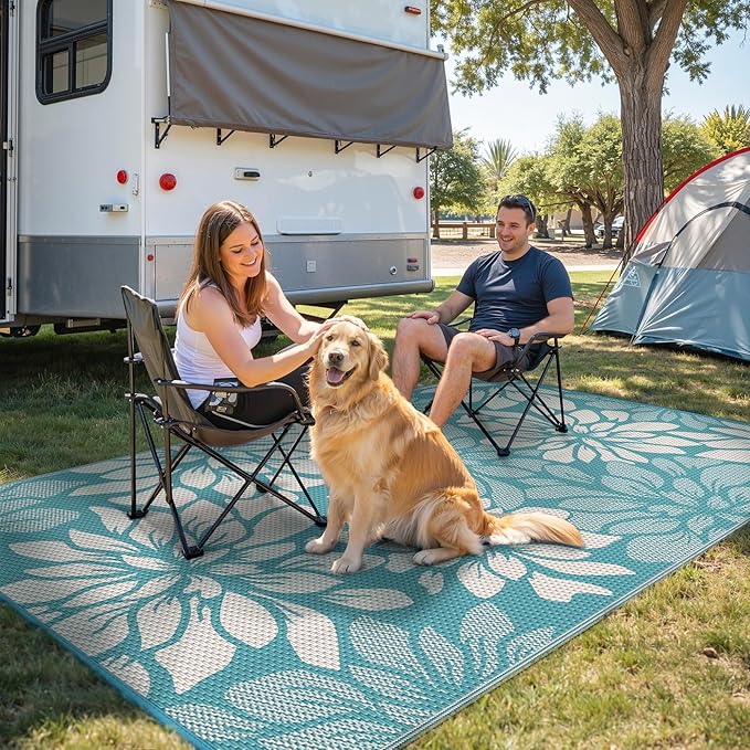 GENIMO Outdoor Rug Waterproof for Patio Decor, 6' x 9' Reversible Plastic Straw Floral Camping Carpet, Large Area Rugs Mats for RV, Camper, Deck, Balcony, Porch, Beach, Picnic, Blue & Beige