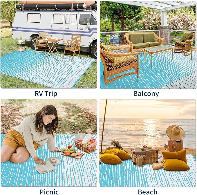 Outdoor Rug 5x8 Waterproof Patio Rugs Abstarct Line Reversible Mat for Front Door Rv Foldable Plastic Straw Carpet for Travel Trailers, Deck, Picnic, Porch, Camper, Balcony, Beach，Light Blue