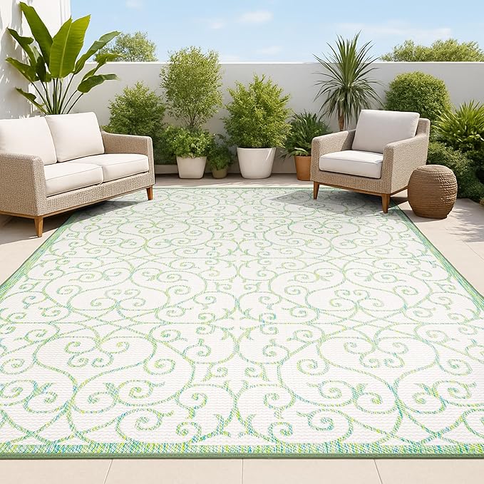 JONATHAN Y Vintage Filigree Indoor Outdoor Area Rug 3X5 Cream/Green, Madrid Textured Weave for Backyard, Patio, Porch, Easy-Cleaning, High Traffic, Pet-Friendly, Non-Shedding (SMB107J-3)