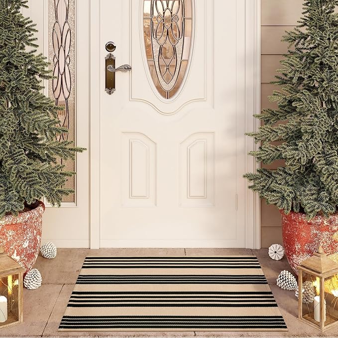 OJIA Front Door Mat Outdoor 24''x35'' Washable Front Door Rug Black and Tan Entry Rug Indoor Outdoor Rugs Doormat Cotton Woven Striped Small Area Rugs for Porch/Bathroom/Farmhouse/Home Entrance