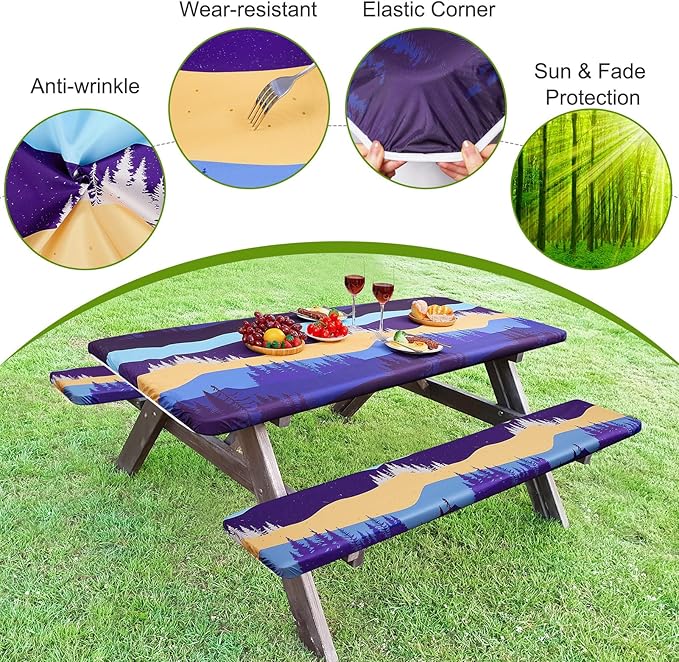 ICOSY Picnic Table Cover & Bench Covers, 30 x 72 inch, Windproof, Water & Oil Resistant, Polyester, Navy Blue, Ideal for 6 Foot Tables, Camping, Dining, Birthday Parties