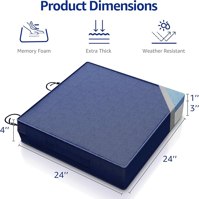 YENING 24x24 Memory Foam Outdoor Chair Cushions Waterproof 4 Inch Extra Thick Patio Seat Pads for Furniture Navy Blue Set of 2