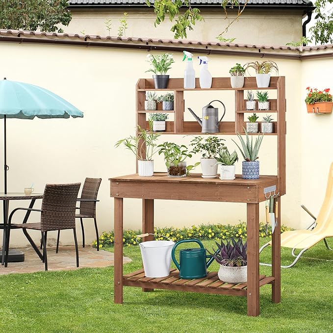 Yaheetech Potting Bench Table Horticulture Germination Table & Outdoor Garden Work Bench Platform w/Display Rack/Storage Shelf/Hanger/Thoughtful Sink Brown