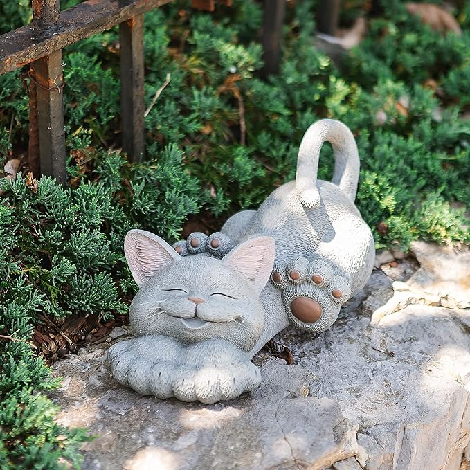 JFSM INC. 12" Whimsical Lounging Grey Cat Garden Statue - Indoor Outdoor Relaxed Zen Cat Sculpture - Garden Decorations for Patio Yard Lawn Porch