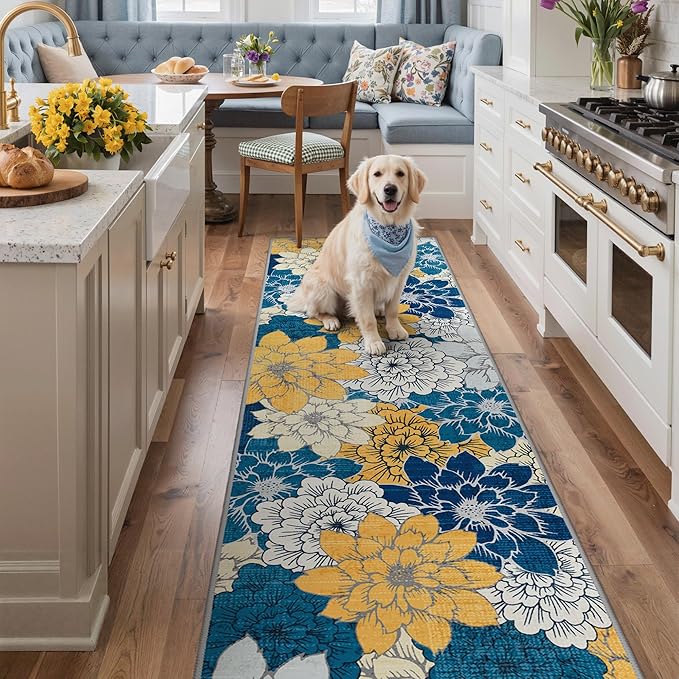 GENIMO 2.5’x8’ Indoor Outdoor Runner Rug for Hallway, Washable Waterproof Bedside Rugs, Non-Slip, Floral Mat Carpet for Patio, Living Room, Bedroom, Balcony, Kitchen, Deck, Porch, Navy Blue