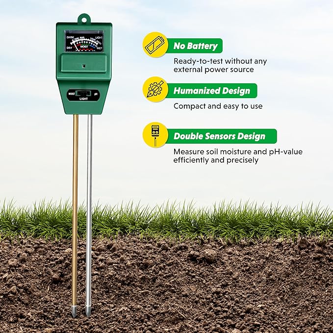 iPower 3-in-1 Plant Moisture/Light/PH Meter, Soil Test Kit for Gardening, Farming, Indoor & Outdoor Use, 3 Pack