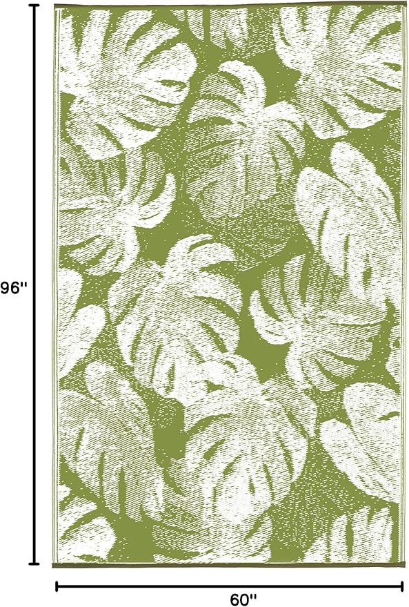 Fab Habitat Outdoor Rug - Waterproof, Fade Resistant, Crease-Free - Premium Recycled Plastic - Tropical Palm Leaf Botanical - Patio, Porch, Deck, Balcony - Panama - Green - 5 x 8 ft