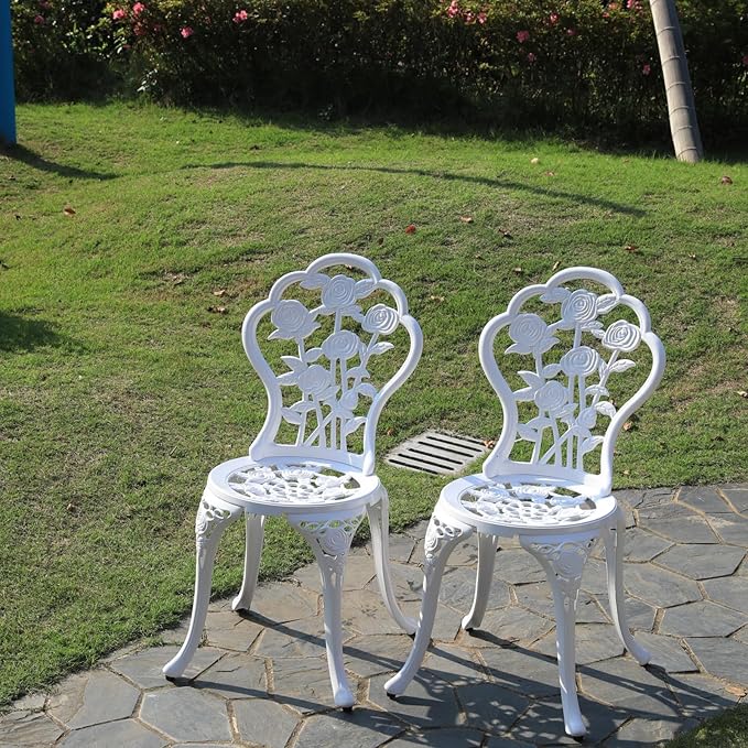 KAILI Rose Garden Cast Aluminum Bistro Chairs, Decorative Outdoor Patio Seating, Set of 2, White and Black (Rose Chair White)