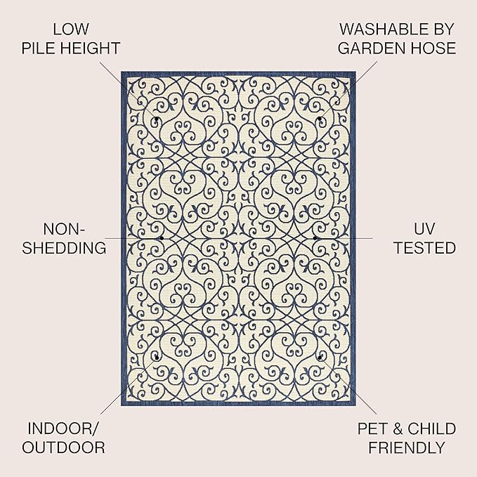 JONATHAN Y Vintage Filigree Indoor Outdoor Area Rug 4X6 Navy/Beige, Madrid Textured Weave for Backyard, Patio, Porch, Easy-Cleaning, High Traffic, Pet-Friendly, Non-Shedding (SMB107G-4)