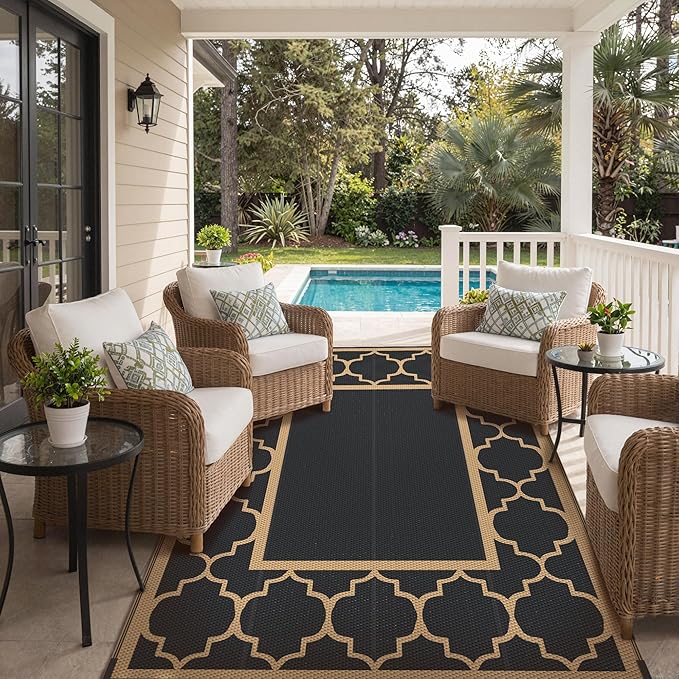 GENIMO 5' x 8' Outdoor Rug Waterproof for Patio Decor, Foldable Reversible Plastic Straw Area Rugs Mat for Camper, Outside Carpet for Rv, Deck, Porch, Picnic, Beach, Balcony, Black & Brown