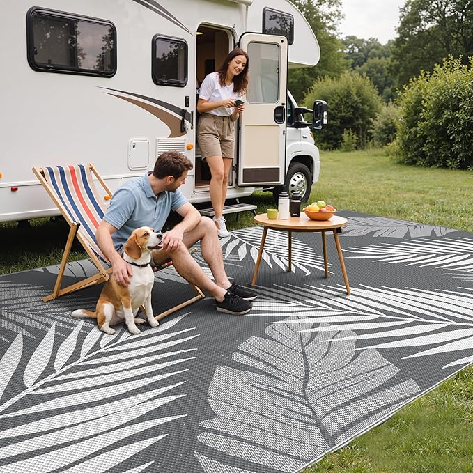 GENIMO Outdoor Rug 9' x 18' Waterproof for Patios Clearance, Reversible, Plastic Straw Camping Rug Carpet, Large Area Rugs Mats for RV, Picnic, Backyard, Deck, Balcony, Porch, Beach, Grey&White