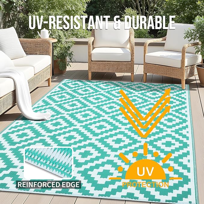 OLANLY Waterproof Outdoor Rug 4x6 ft, Outdoor Plastic Straw Rug for Camping, RV Mat Outside, Outdoor Carpet for Porch, Deck, Backyard, Balcony, Picnic, Turquoise & White