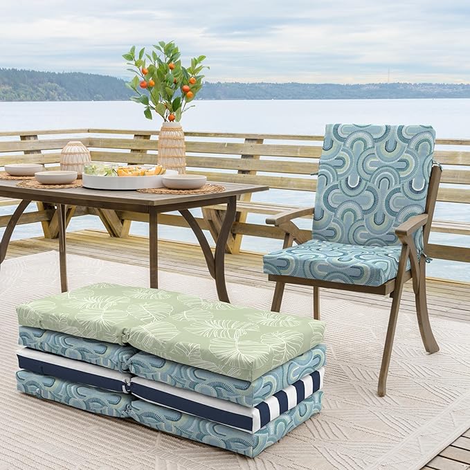 Arden Outdoor Patio Dining Chair Cushion, 20x44, Rain-Proof Seat Pad, Fade-Resistant Outdoor Cushion Coastal Blue Geometric