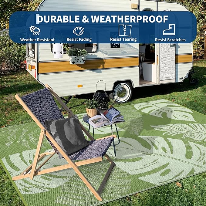 COZYLOOM Large Outdoor Rug 9x18 Waterproof Plastic Straw Rug, Reversible Patio Rugs Modern Camping Mat with Portable Bag & Stakes, Foldable & UV Resistant, Outdoor Carpet for Yard Deck, Sage Green
