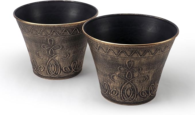 Large Fancy Decorative Planter (2 Pack) Rustic French Country Look Flowerpot Nursery Pot for Indoor, Outdoor, Garden, Patio, Office, Home Decor Use. Long Lasting, Reusable Light Weight (Gold-L)