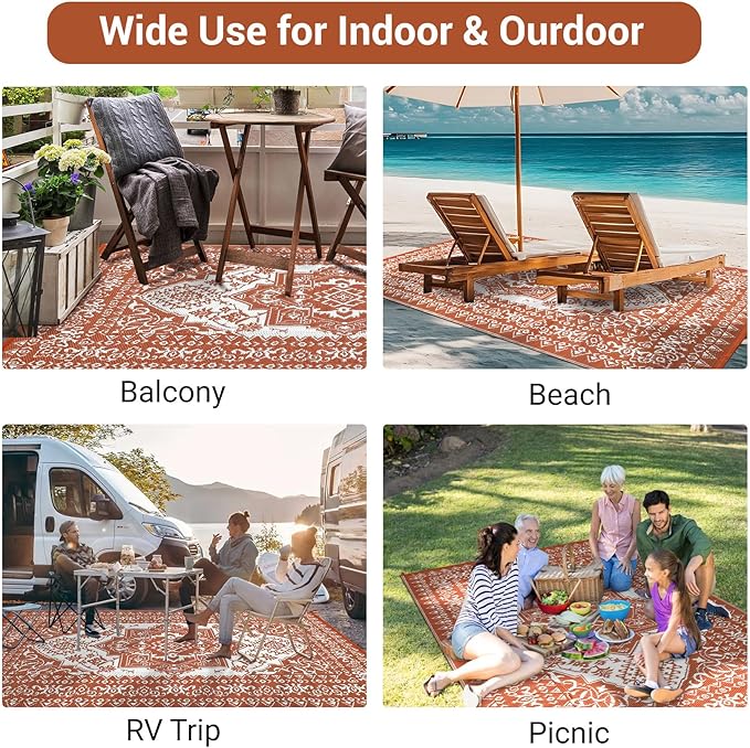 COZYLOOM Outdoor Patio Rug 8x10 Waterproof Reversible Plastic Straw Mat, Large Vintage Medallion Boho Area Rug Indoor Outdoor Rugs for Deck, Balcony, Pool, Camping, Beach, Picnic, Porch, RV