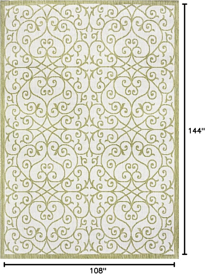 JONATHAN Y Vintage Filigree Indoor Outdoor Area Rug 9X12 Green/Cream, Madrid Textured Weave for Backyard, Patio, Porch, Easy-Cleaning, High Traffic, Pet-Friendly, Non-Shedding (SMB107H-9)