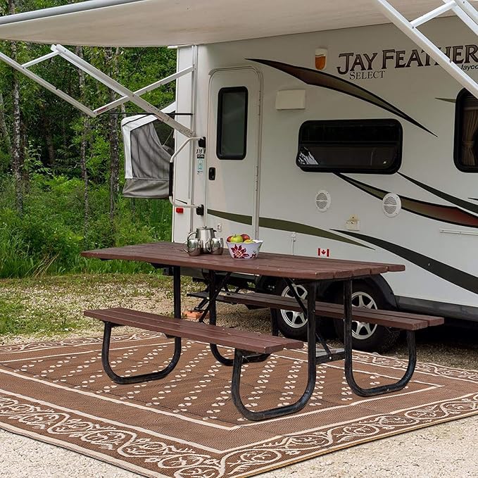 SAND MINE Reversible Mats, Plastic Straw Rug, Modern Area Rug, Large Floor Mat and Rug for Outdoors, RV, Patio, Backyard, Deck, Picnic, Beach, Trailer, Camping (9' x 12', Brown & White)