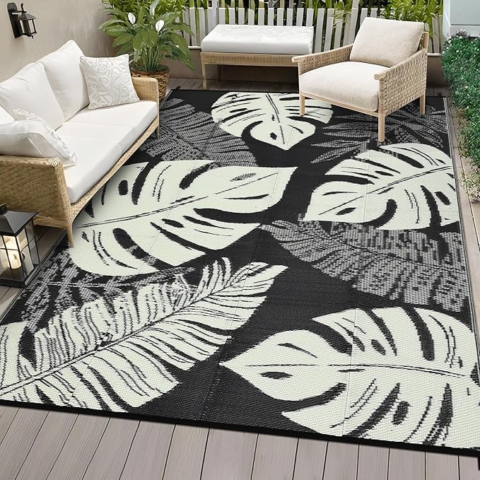 9x12 Outdoor Rug Waterproof Foldable Plastic Straw Carpet for Patio Porch Modern Leaf Print Reversible Mat Lightweight Floor Mat for Picnic, Rv, Beach, Deck, Camper, Balcony，Black/Beige