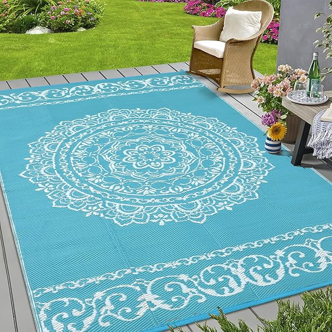 GAOMON Large Outdoor Rugs for Patio 9x18 Portable Outdoor Carpet, Reversible Plastic Straw Camping Mat, Waterproof Outside Rug for RV, Porch, Deck, Balcony, Beach, Teal/White(Medallion)