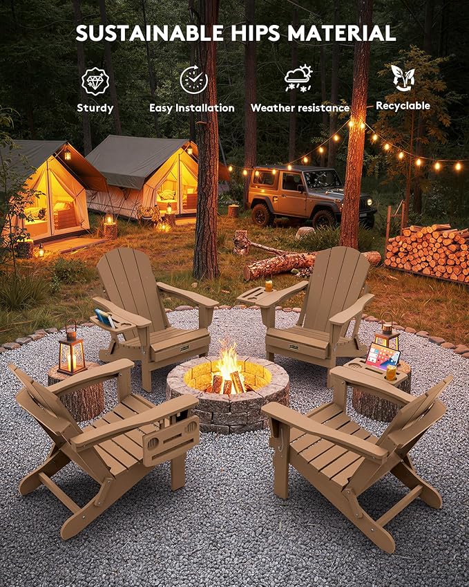 SERWALL Folding Adirondack Chair Set of 4, Outdoor Adirondack Chairs with 4 in 1 Cup Holder, Wood Texture Patio Chairs, Weather Resistant Fire Pit Chairs for Patio Deck Garden, Backyard Deck - Brown