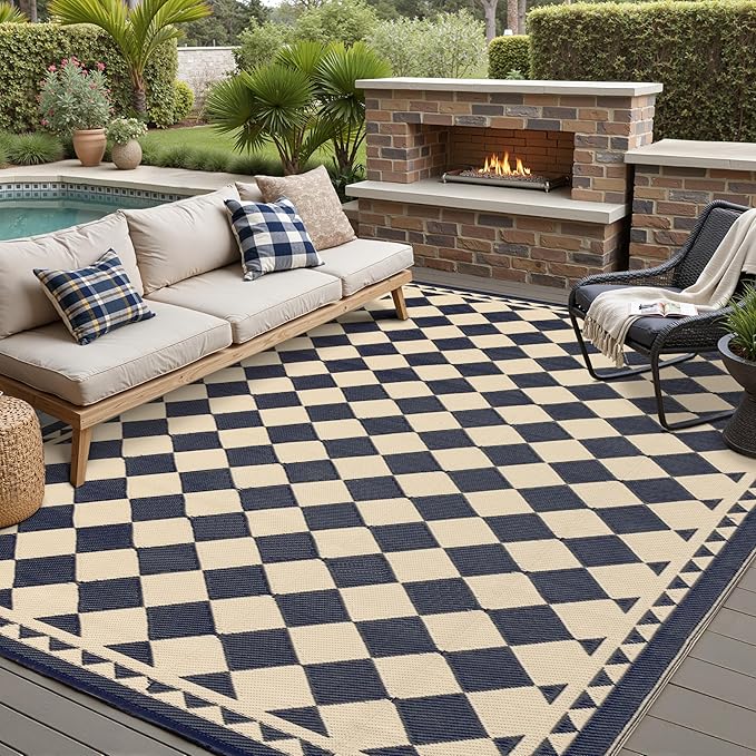 HUGEAR Outdoor Waterproof Rug 10'x14' Plastic Straw Rugs Washable Reversible Floor Mat Beige Plaid Carpet for Camping RV Deck Entryance Porch Picnic Balcony Beach Backyard