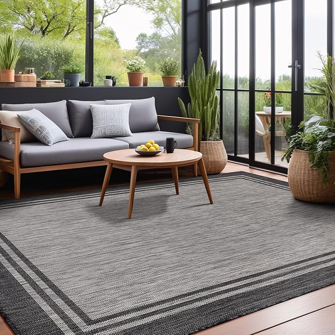 Bordered Outdoor Rug 6x9 Washable Outside Carpet for Indoor Patio Porch Waterproof Easy Cleaning Non Shedding Area Rugs Dark Gray 6 x 9