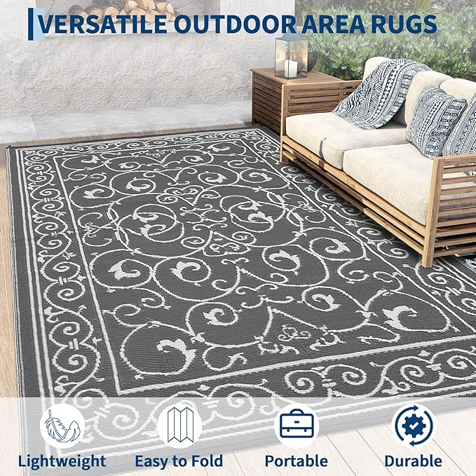 MilleLoomi Waterproof Plastic Straw Outdoor Rug 9x18 Patio Reversible UV Resistant Foldable Camping Carpet Vintage Large Outdoor Rugs for Deck, Picnic, Porch, Camper, Balcony, Beach，Grey