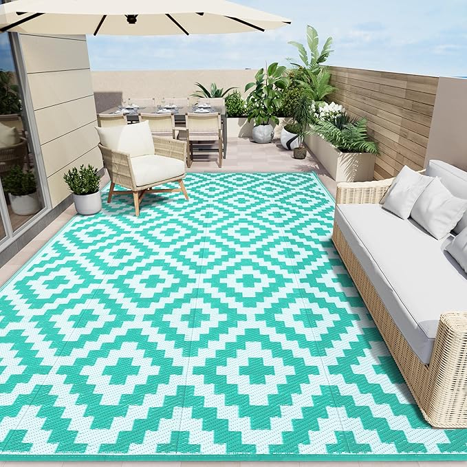 OLANLY Waterproof Outdoor Rug 8x10 ft, Outdoor Plastic Straw Rug for Camping, RV Mat Outside, Outdoor Carpet for Porch, Deck, Backyard, Balcony, Picnic, Turquoise & White