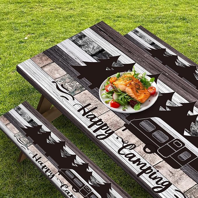 Picnic Table Cover with Bench Covers Elastic Edges, Grey Camper Fitted Table Cover, Outdoor Patio Camping Essentials 72 Inch 3PCS, Waterproof Camping Fitted Tablecloth with Drawstring Bag