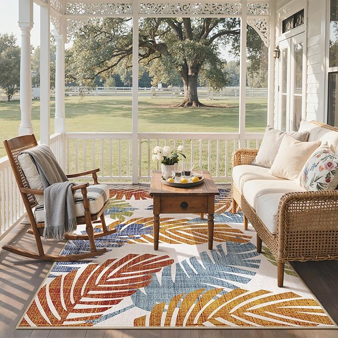 GENIMO Outdoor & Indoor Area Rug 8'x10', Waterproof, Non-Shedding, Easy Cleaning, Leaf Mat for Patio, Living Room, Balcony, Dining Room, RV, Deck, Bedroom, Camping, Outside Carpet, Tropical Rust