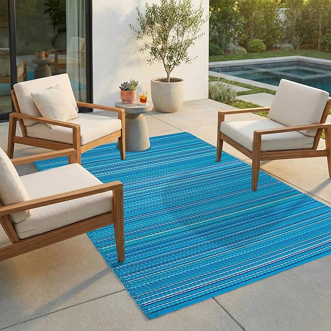 FH Home Outdoor Rug - Waterproof, Fade Resistant, Crease-Free - Premium Recycled Plastic - Striped - Patio, Deck, Porch, Balcony, Laundry Room - Havana - Turquoise Crease Free - 4 x 6 ft