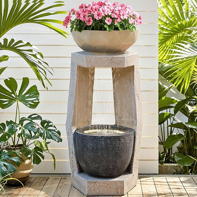 32" Outdoor Fountain, Modern Geometric Two Bowls Water Feature with LED Lights, Resin Soothing Cascading Waterfall for Patio, Backyard, Garden or Porch