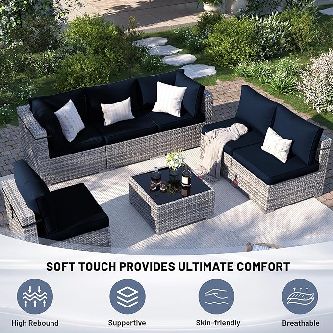 14 Piece Outdoor Sectional Cushions, Water-Resistant Outdoor Sofa Cushions Replacement, 4" High Density Foam Patio Furniture Cushions Fits 6-seat Rattan Conversation Set (Navy Blue)