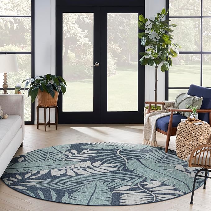 Nourison Home Garden Oasis Navy 8' x Round Area Rug - Easy Clean, Non Shedding, Bed Room, Living Room, Dining Room, Kitchen (8' x Round)