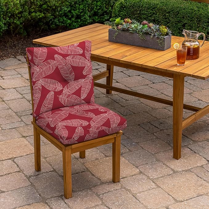 Arden Outdoor Plush Modern Tufted Blowfill Dining Chair Cushion, 21 x 40, Water Repellent, Fade Resistant, Tufted Cushion for Dining and Bistro Chairs, Red Leaf Palm