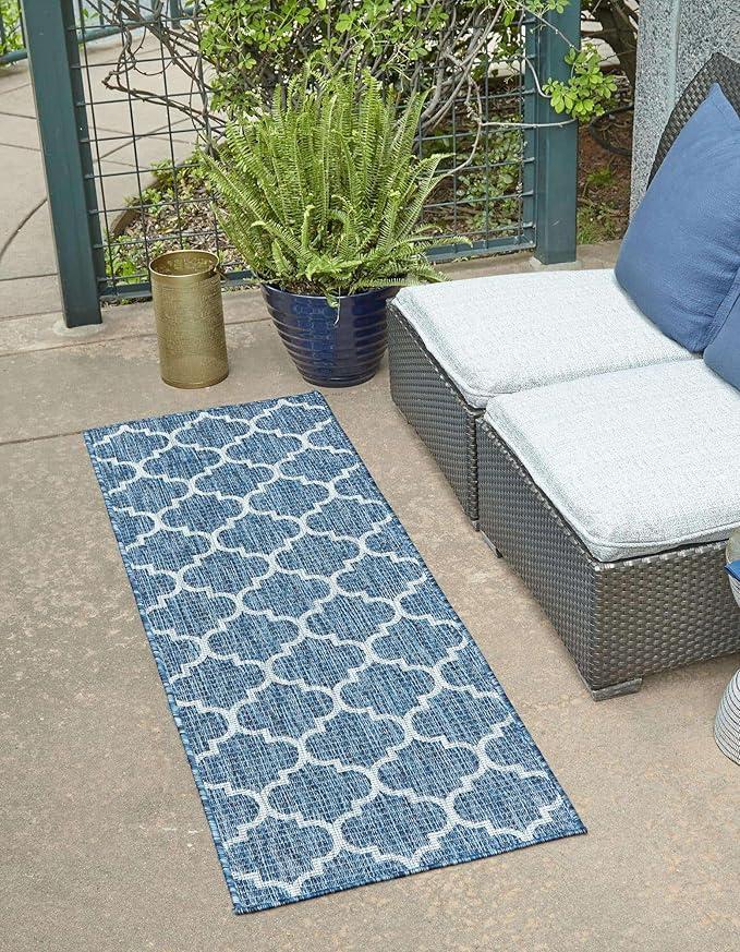 Unique Loom Trellis Collection Area Rug-Lattice Design, Moroccan Inspired for Indoor/Outdoor Décor, 2' 0" x 8' 0" Runner, Navy Blue/Gray